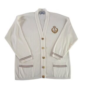Bay Point Threads Cardigan Womens Medium Cream Nautical Anchor Crest Vintage USA